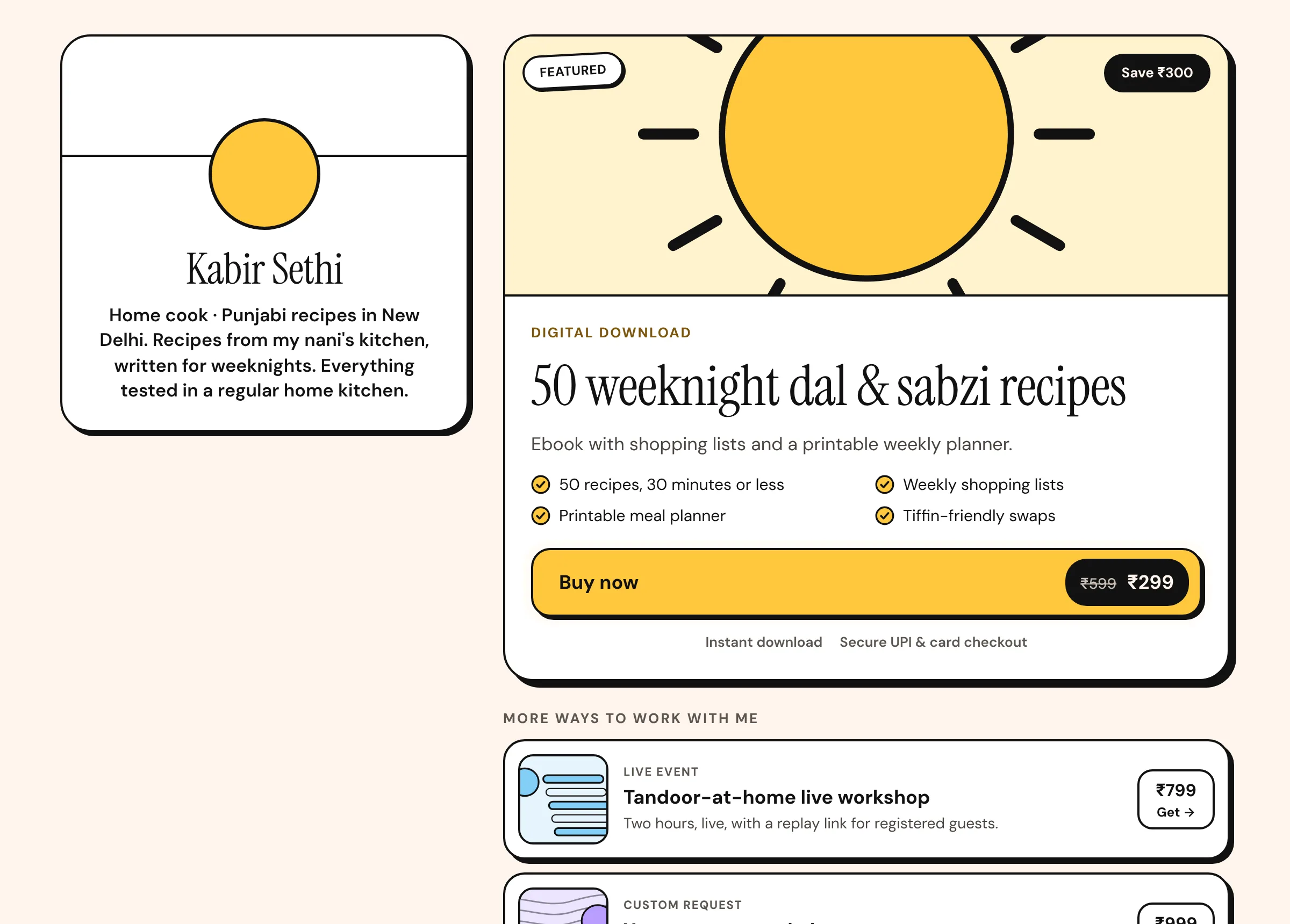 An Insidemetics creator store: profile card, featured ebook with a Buy now button, and more products below