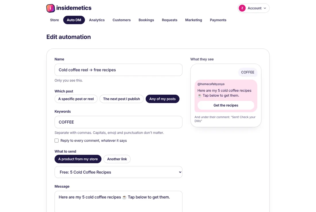 The Edit automation form in Insidemetics with a keyword, the product to send, the message and a preview of the DM