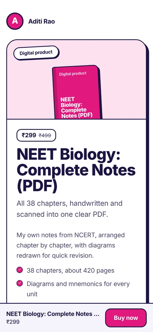 The product page for an example NEET biology notes PDF with price ₹299, regular price ₹499 and a Buy now button