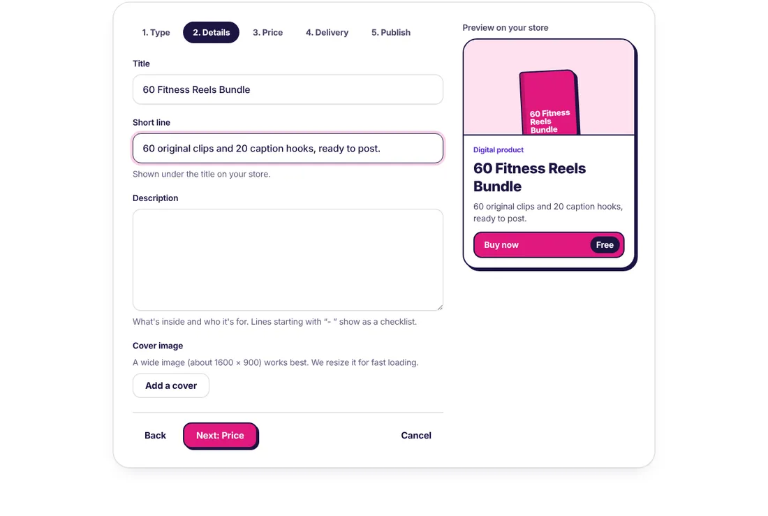 Add a product form with the title 60 Fitness Reels Bundle and a short line, with a live preview
