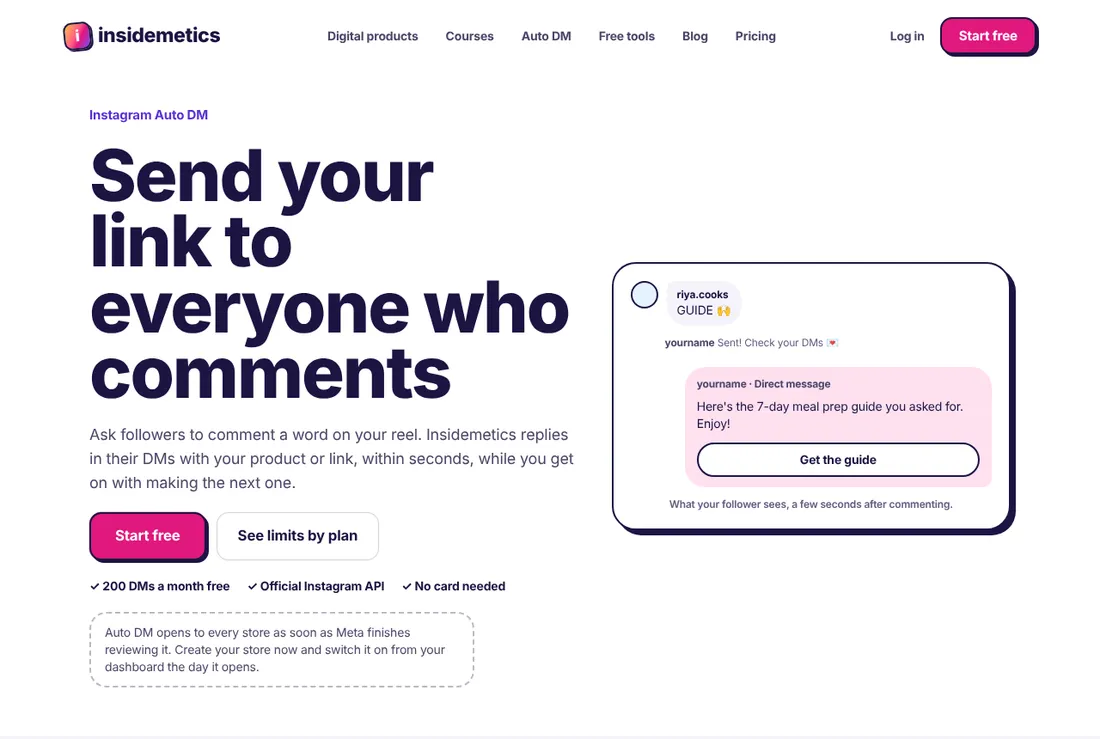 Insidemetics Auto DM page: people who comment a word get your link by DM