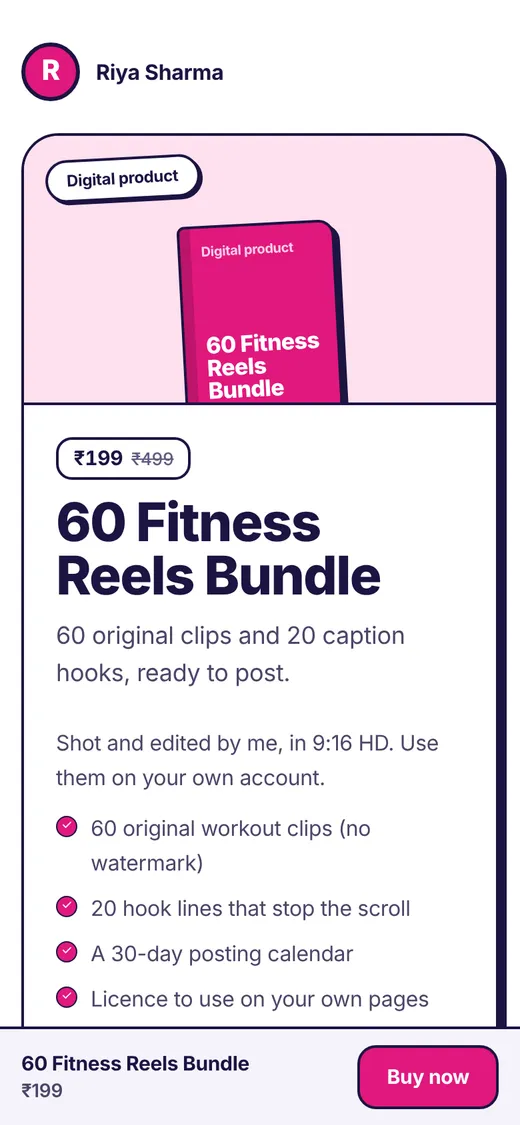 Product page for a ₹199 fitness reels bundle with a checklist of what's inside and a Buy now button