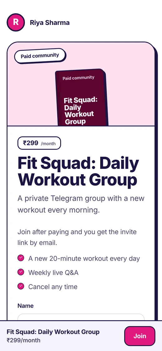 A paid community page for a ₹299 a month Telegram workout group with a Join button