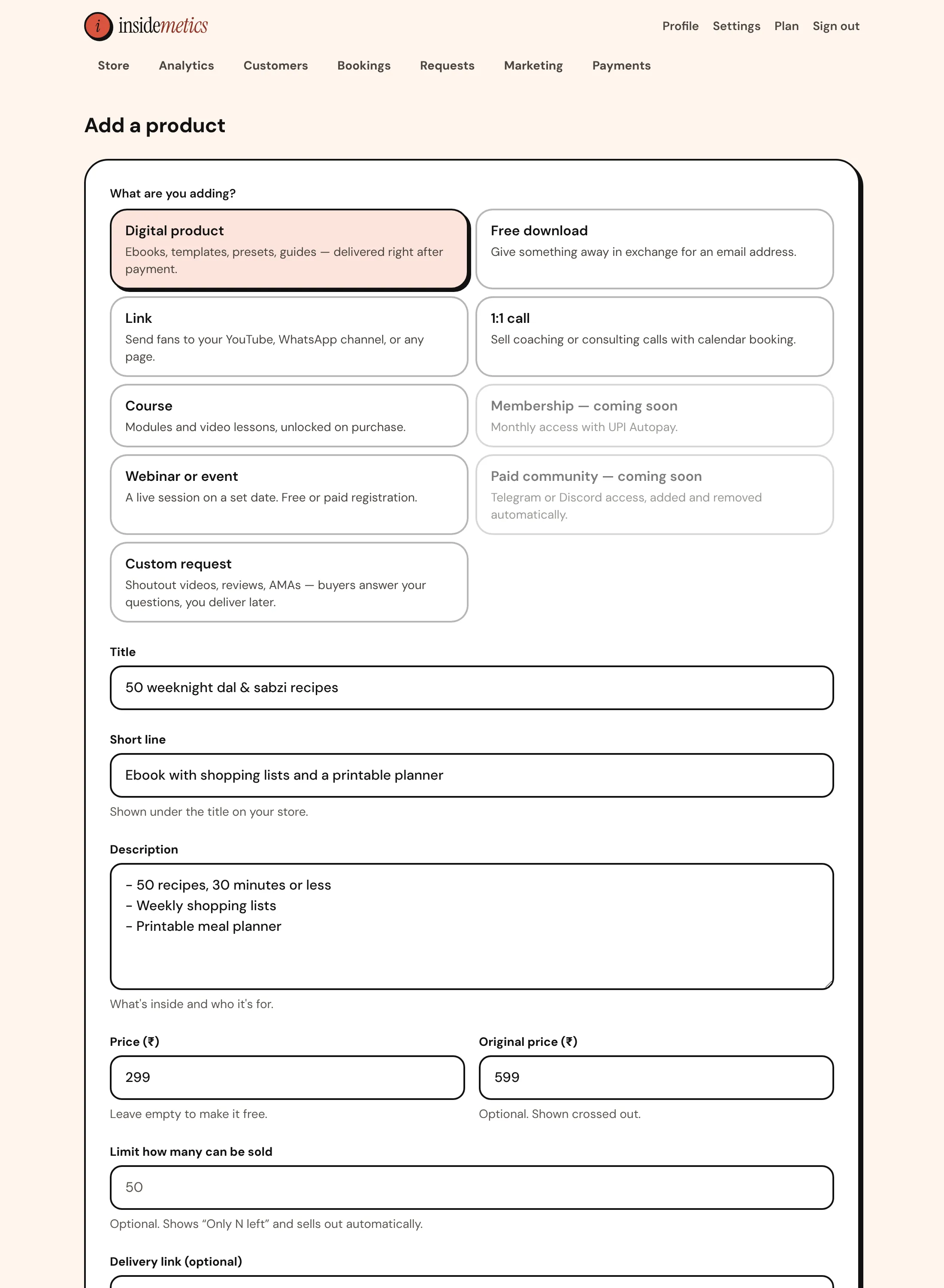 Add a product form with product types, title, short line, description, price and original price