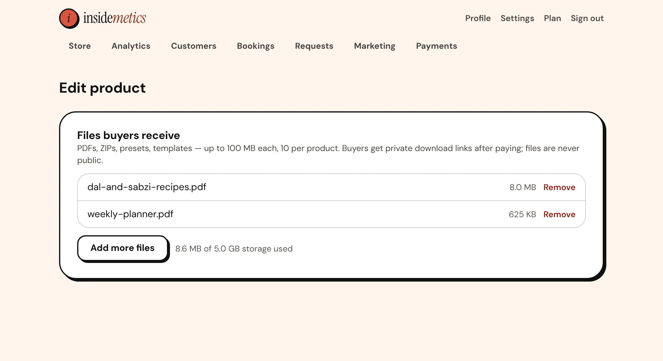 Files buyers receive: two PDF files listed with sizes, an Add more files button and storage used