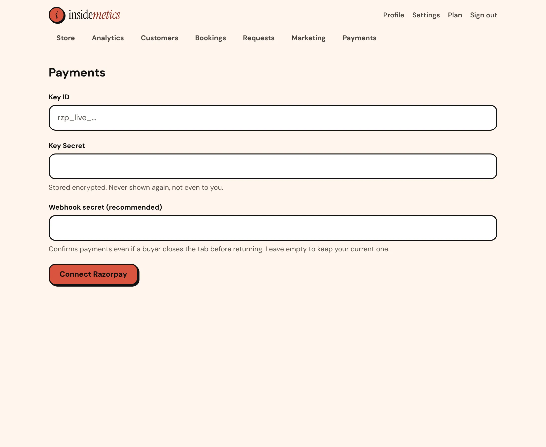 Payments page with Key ID, Key Secret and Webhook secret fields and a Connect Razorpay button
