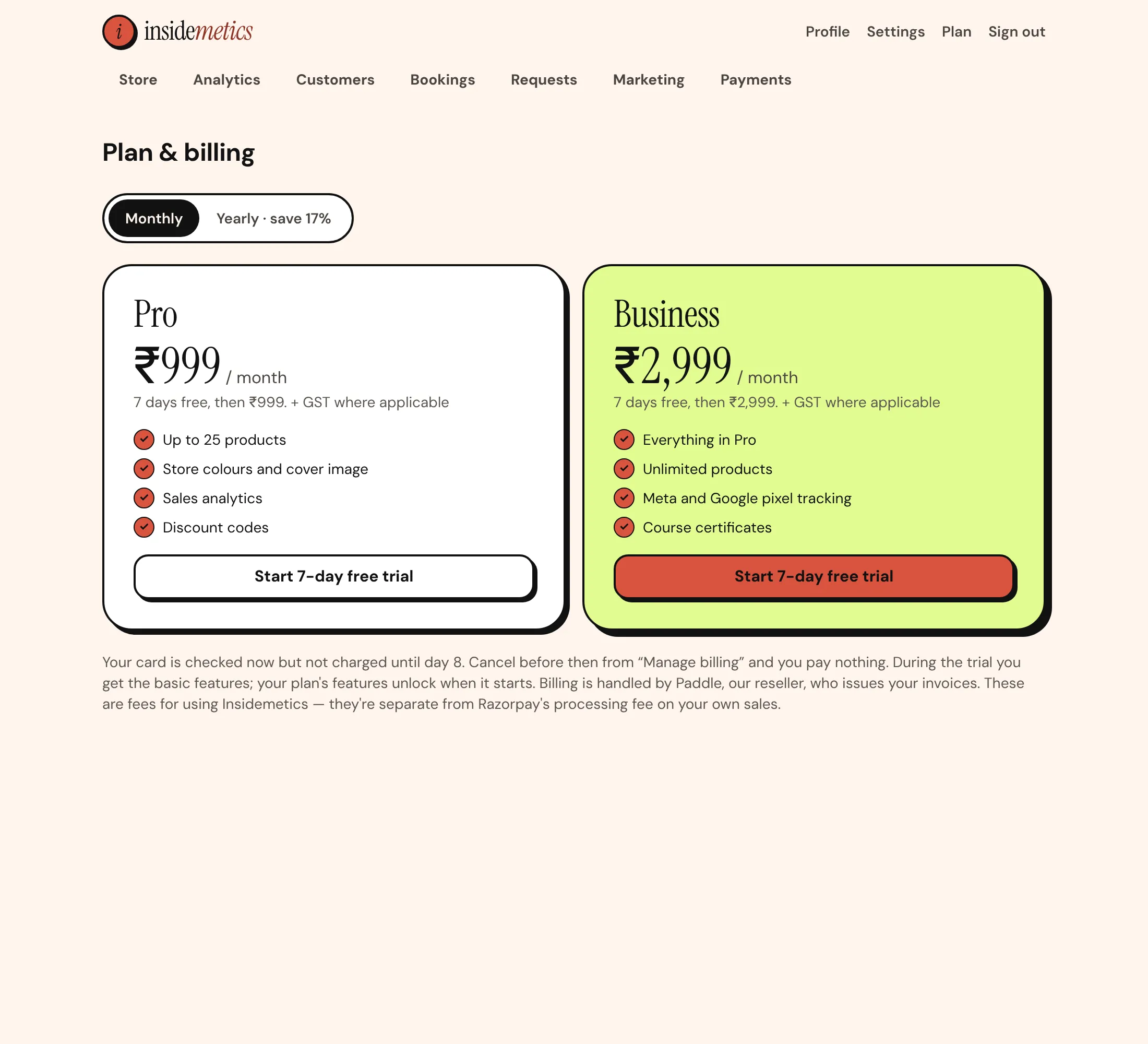 Plan & billing page showing Pro and Business plans with Start 7-day free trial buttons