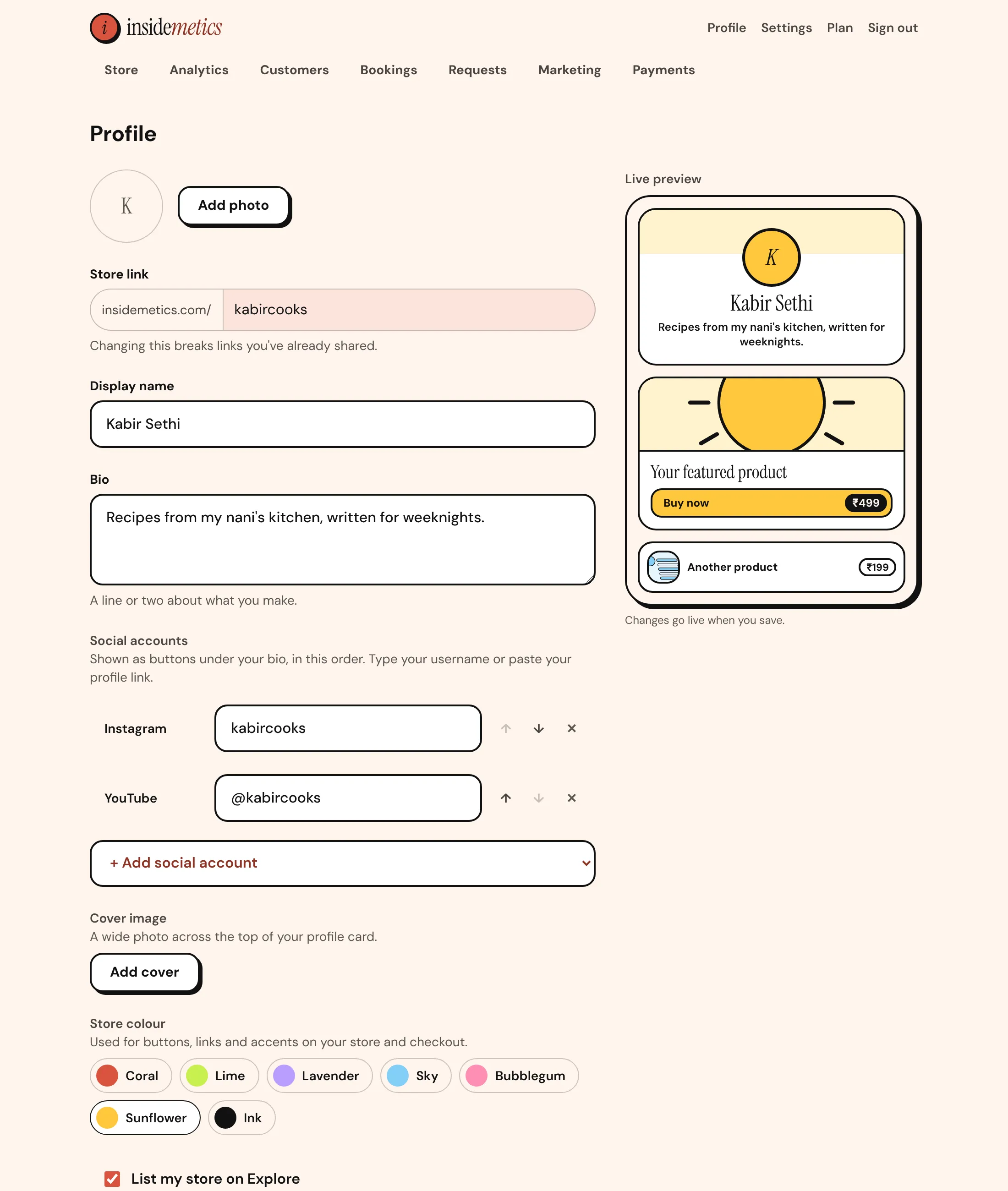 Profile editor with store link, display name, bio, social accounts, store colours and a live store preview