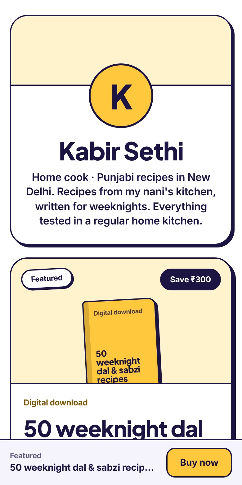 A real Insidemetics store on a phone: the creator's profile and a featured ebook with a Buy now button