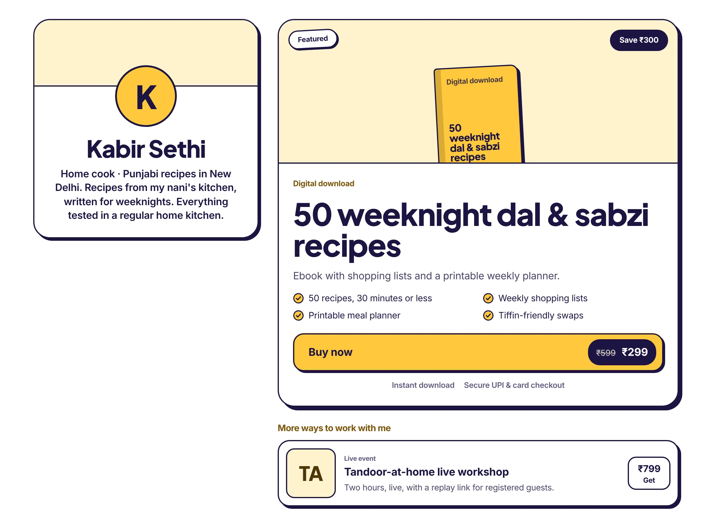 An Insidemetics creator store: profile card, featured ebook with a Buy now button, and more products below