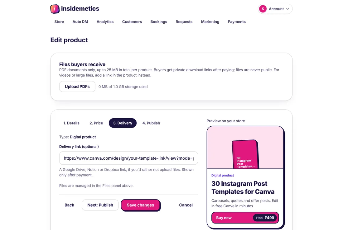 The Delivery step of the product form with a Canva template link in the Delivery link field