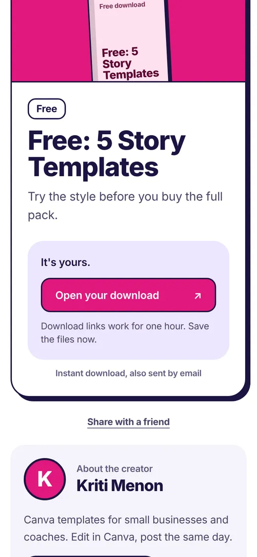 The screen a buyer sees straight after claiming free story templates, with an Open your download button