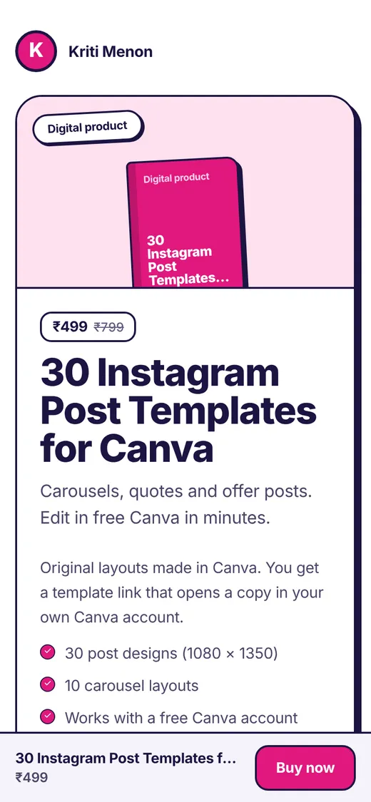 An example product page for 30 Instagram post templates for Canva at ₹499, regular price ₹799