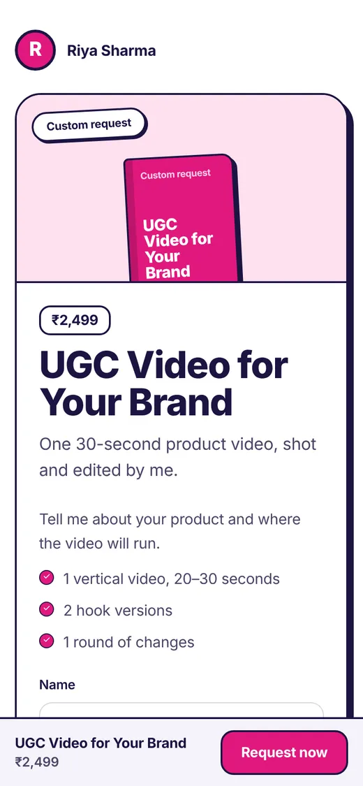 A custom request page for a ₹2,499 UGC video with a checklist of what's included and a Request now button