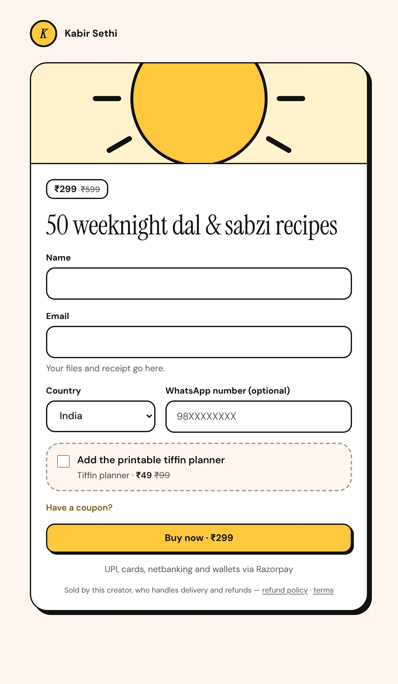 Checkout form with name, email, country, an order bump checkbox and a Buy now button