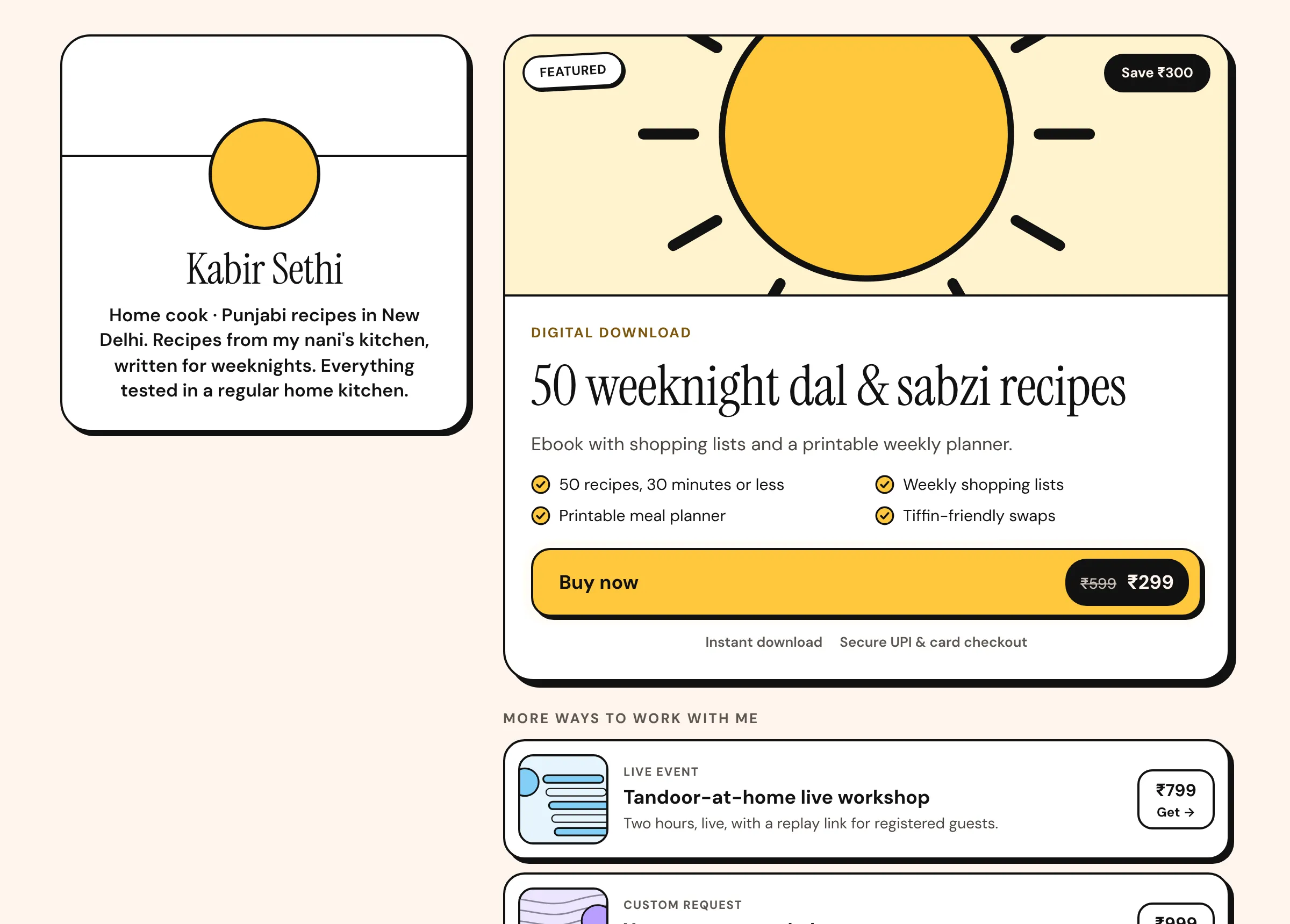 An Insidemetics store with a profile card on the left and a featured product with a Buy now button on the right