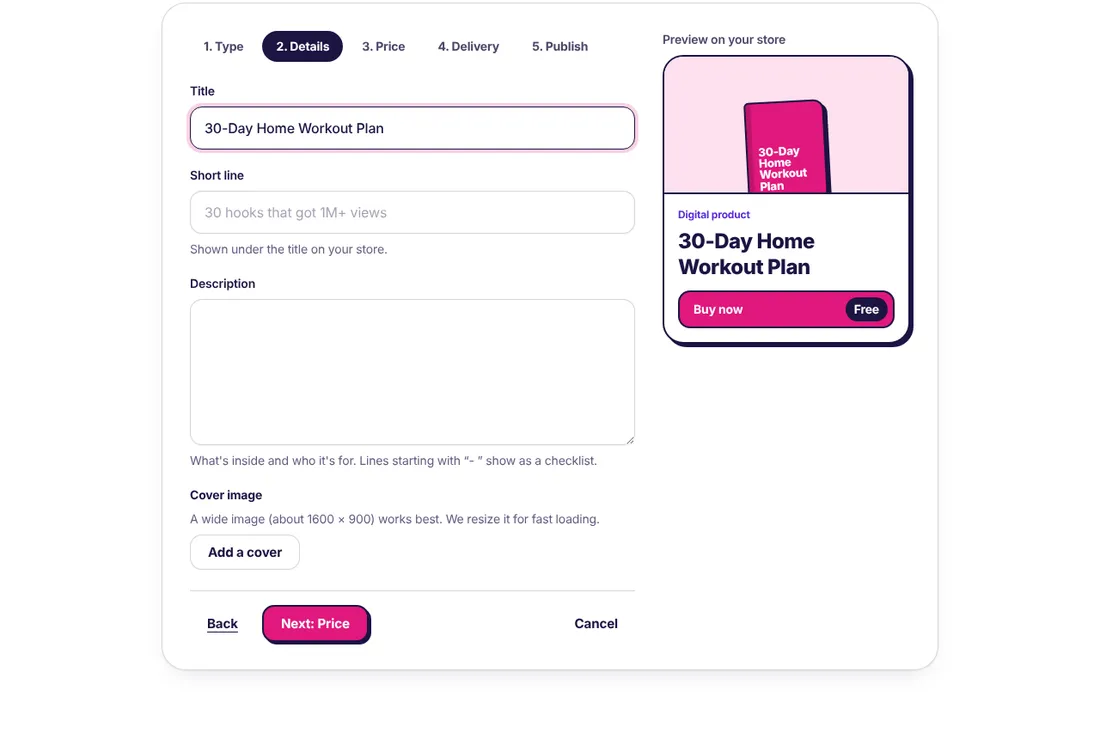 Product details step with title, short line, description and cover image, and a live preview