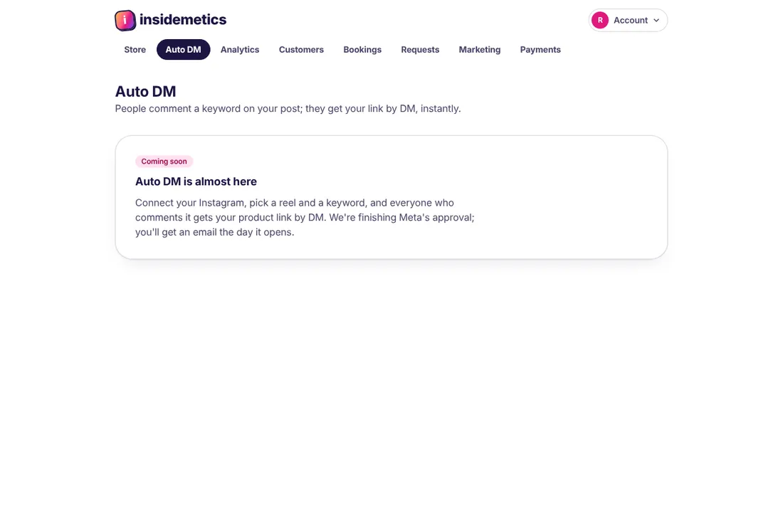 Auto DM page showing that Auto DM is coming soon