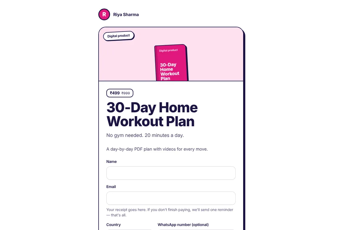 Product page for a ₹499 workout plan with name, email and country boxes