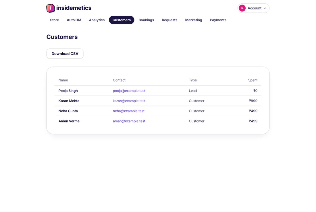 Customers page with a list of names, emails, type and amount spent