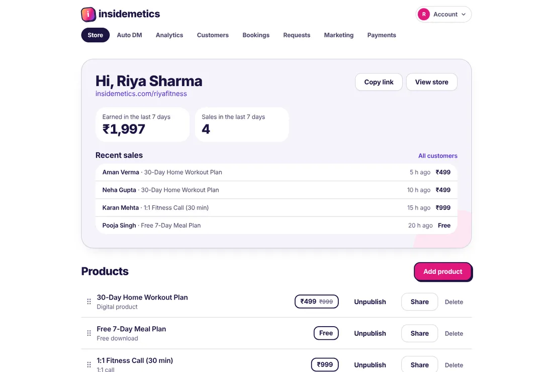 Dashboard with earnings, recent sales and a list of three products