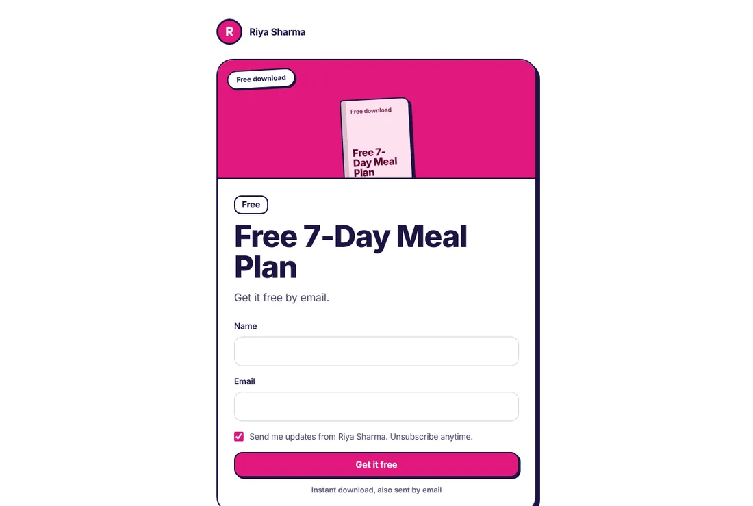 A free download page with name and email boxes and a Get it free button