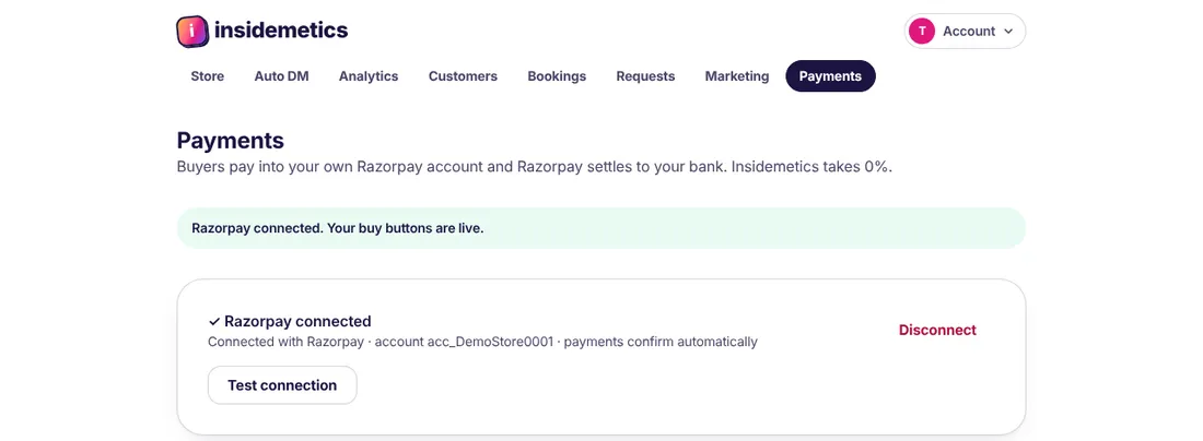 Payments page showing Razorpay connected with a Test connection button