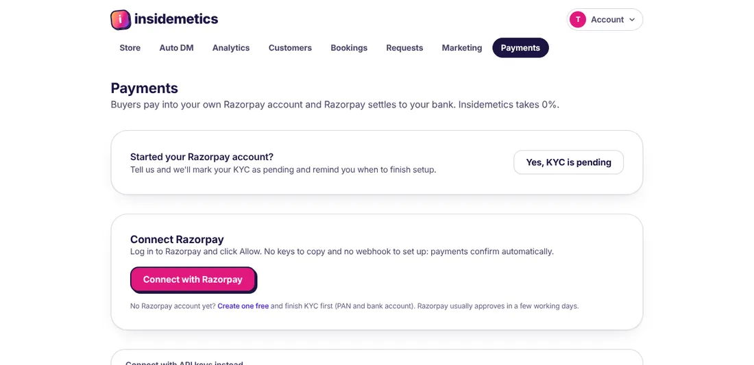 Payments page with a Connect with Razorpay button