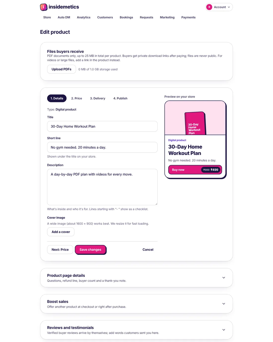 Edit product page with the Files buyers receive box at the top and product details below