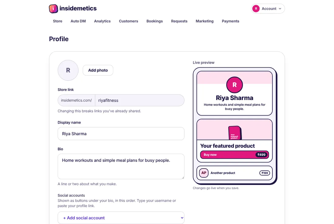 Profile page with photo, store link, display name, bio and a live preview