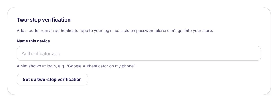 Two-step verification box in Settings with a device name field and a set-up button