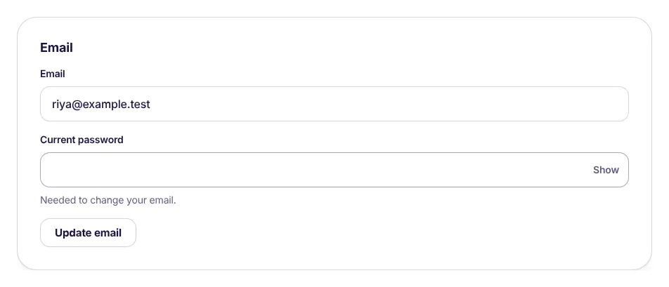 Email box in Settings with email and current password fields and an Update email button