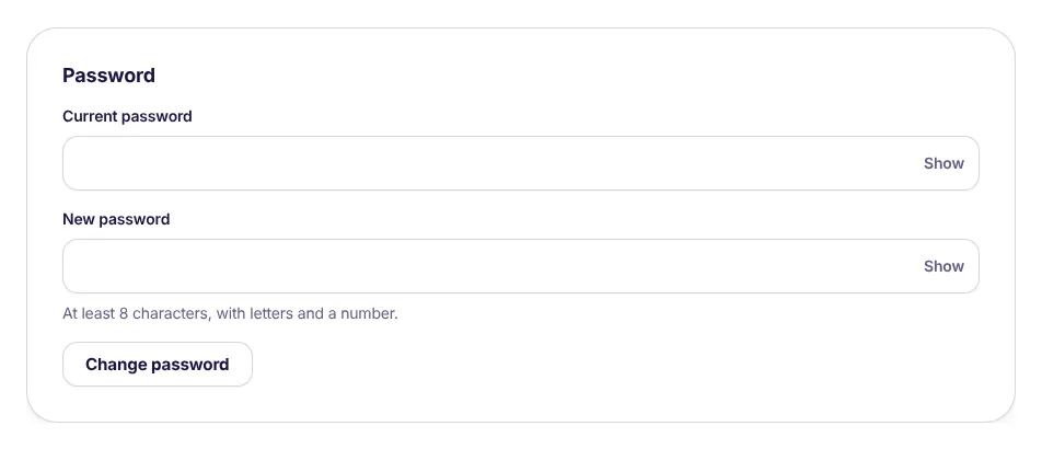 Password box in Settings with current and new password fields