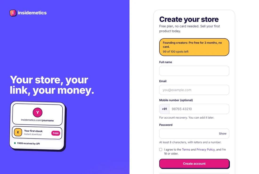 The Create your store page with name, email, mobile number and password boxes