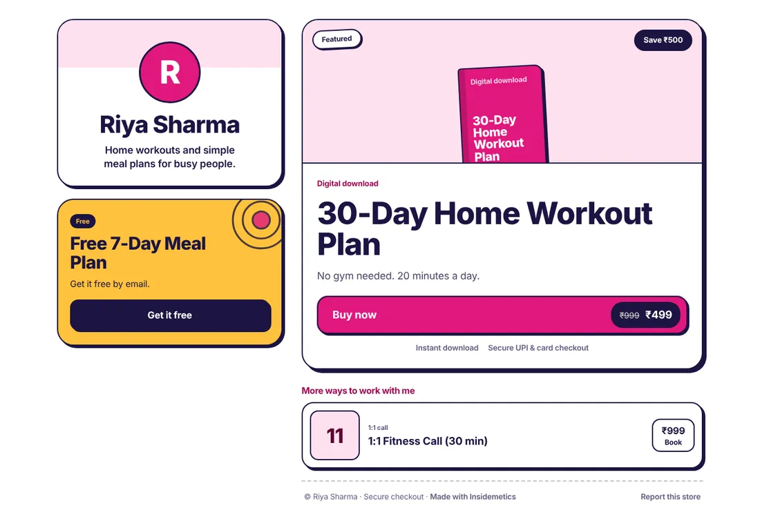 A creator store with a profile card, a free meal plan card and a featured workout plan with a Buy now button